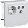 Держатель устройств c розеткой Schuko (L+N+PE) 16A 250A AC и RTV/SAT оконечной,  4-862 МГц /4-2400 МГц, для профиля 20х55 мм, без доп. накладки, PC/ABS безгалоген., RAL9010 чисто-белый . Hager SL